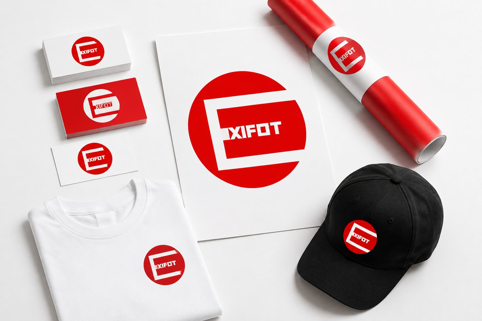 Tarjetas, volantes, camiseta y gorra con el logo de EXIFOT